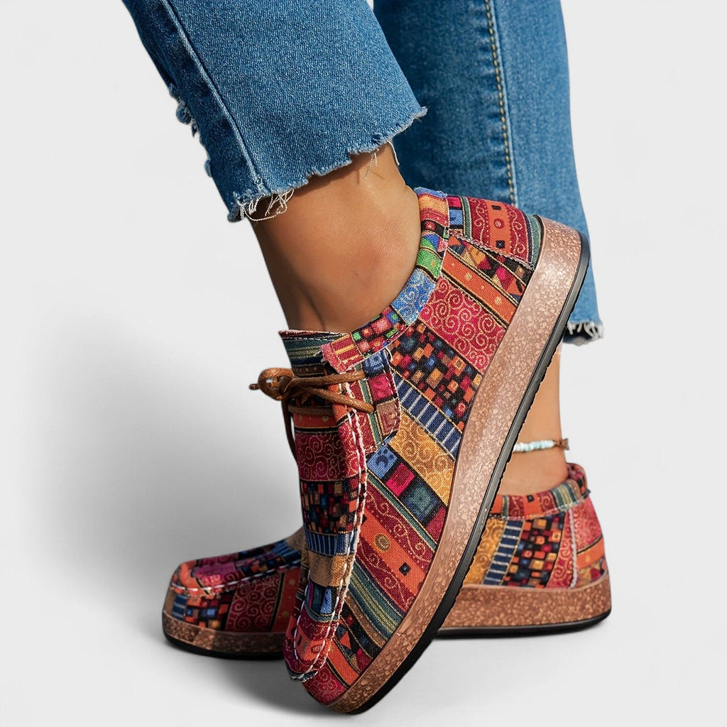 Scarpe Donna Mocassini Casual Slip On Fantasia Etnica con Lacci