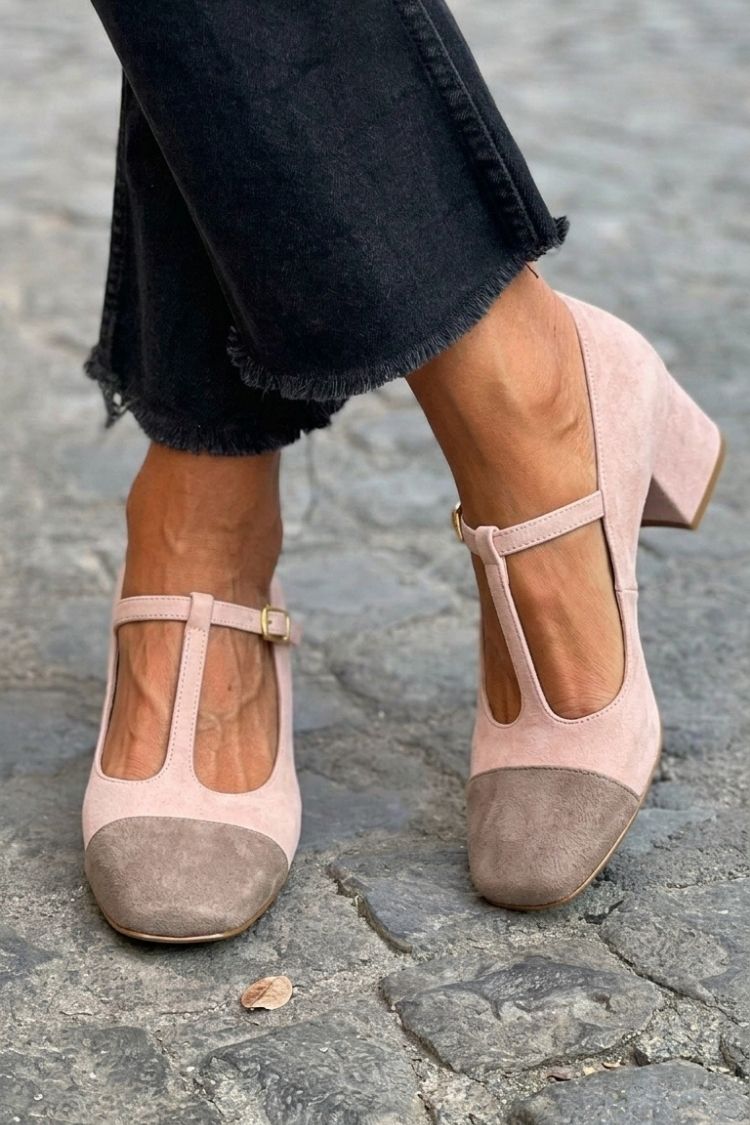 Scarpe da Donna Decollete T-Strap con Tacco Basso Comodo