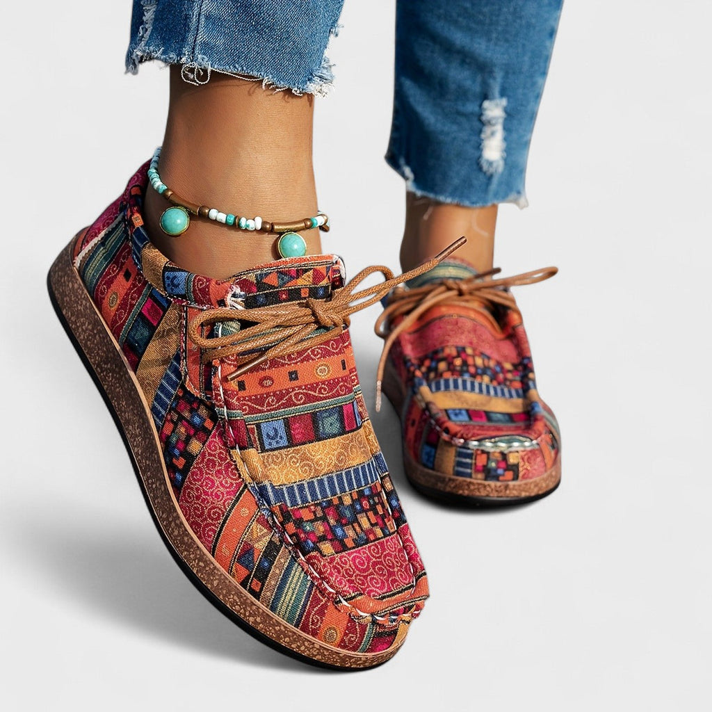 Scarpe Donna Mocassini Casual Slip On Fantasia Etnica con Lacci