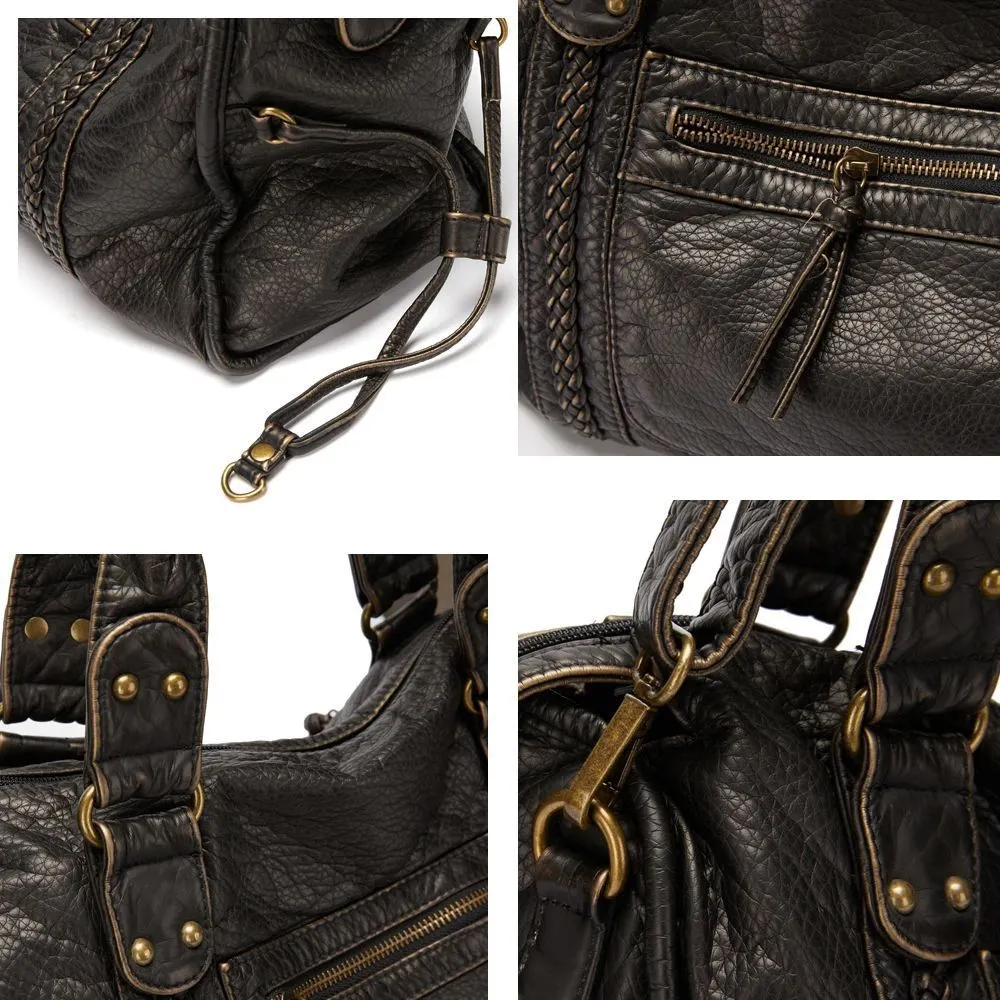 Borsa a Spalla Donna Nera in similpelle Lavata Vintage - Bauletto Capiente con Borchie